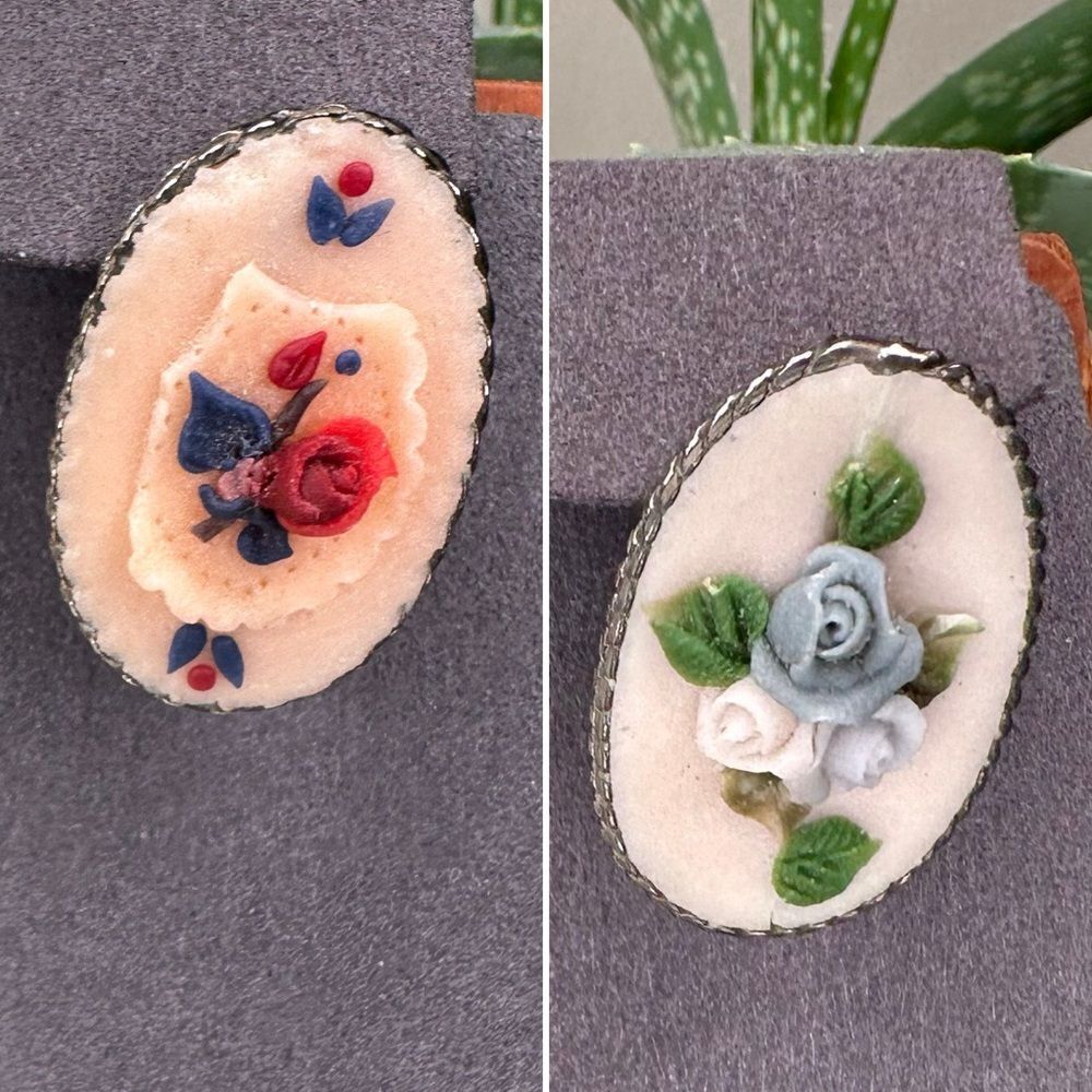Vintage Clay Floral Brooch Set Hand-Painted Ceramic Flower Pins Oval Jewelry